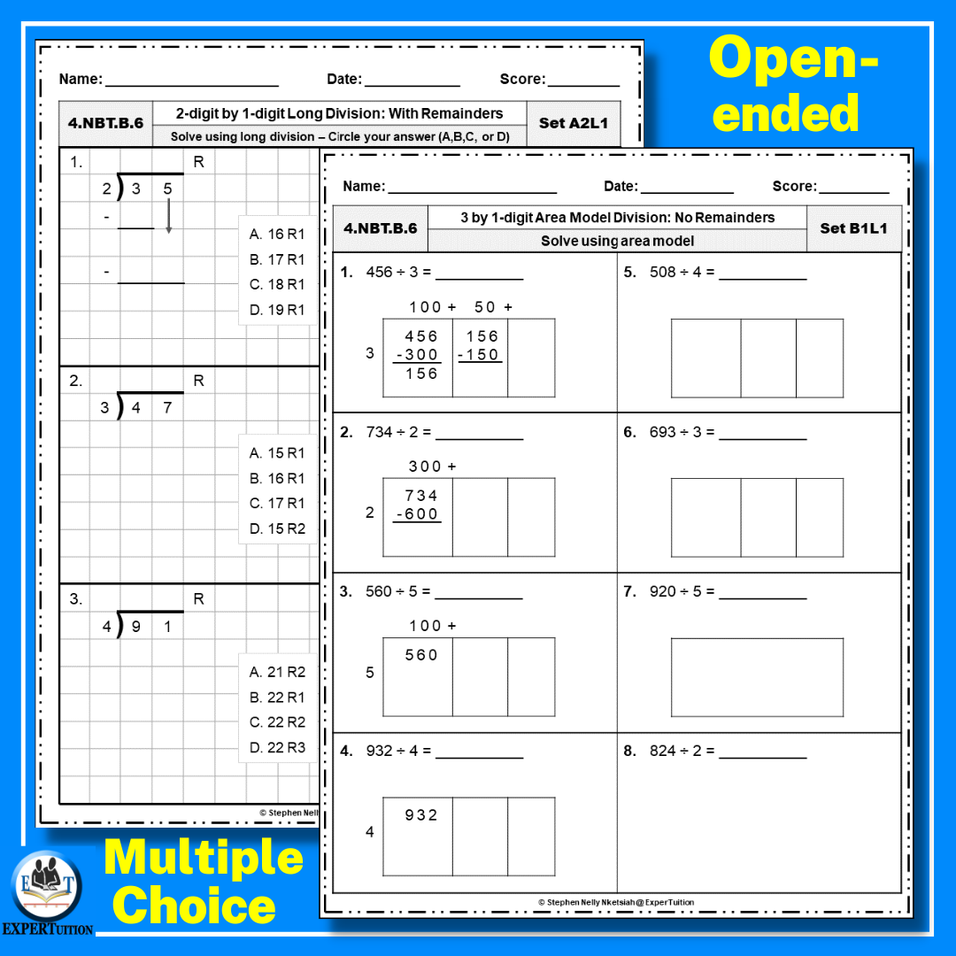 1 Digit 2 Digit Divisors Area Model Partial Quotients Long Division Worksheets Bundle Made By Teachers