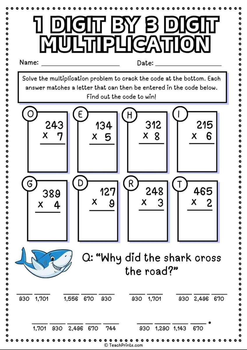 1 Digit By 3 Digit Multiplication Worksheets Teach Prints