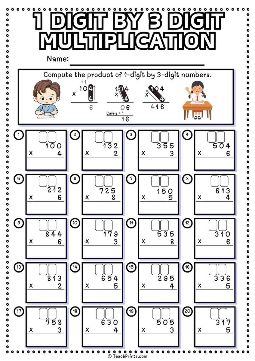 1 Digit By 3 Digit Multiplication Worksheets Teach Prints