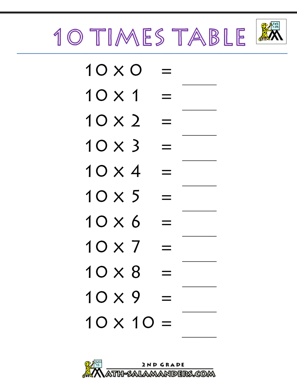 10 Times Table Worksheet Page
