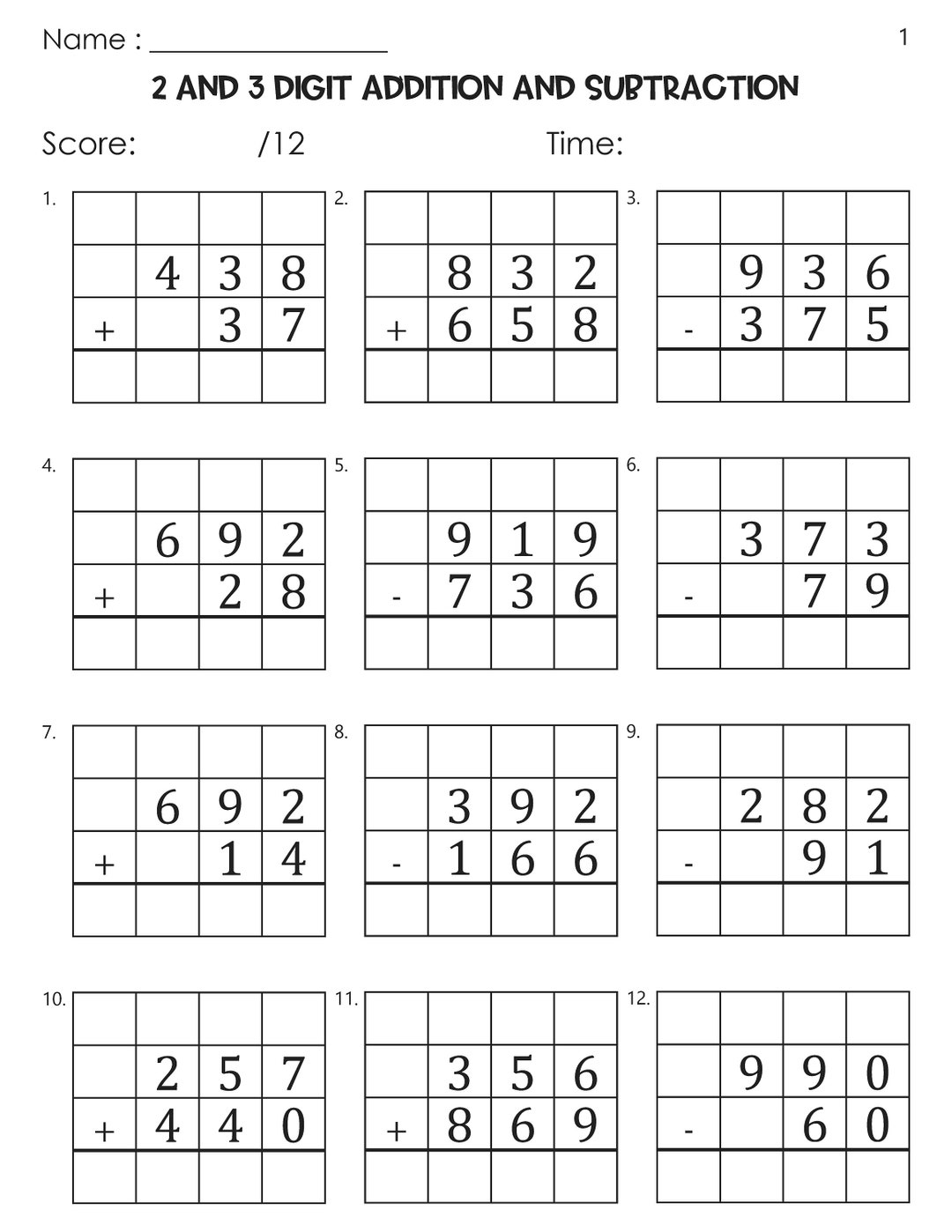 100 Two And Three Digit Mixed Addition And Subtraction With Grid Worksheets Etsy