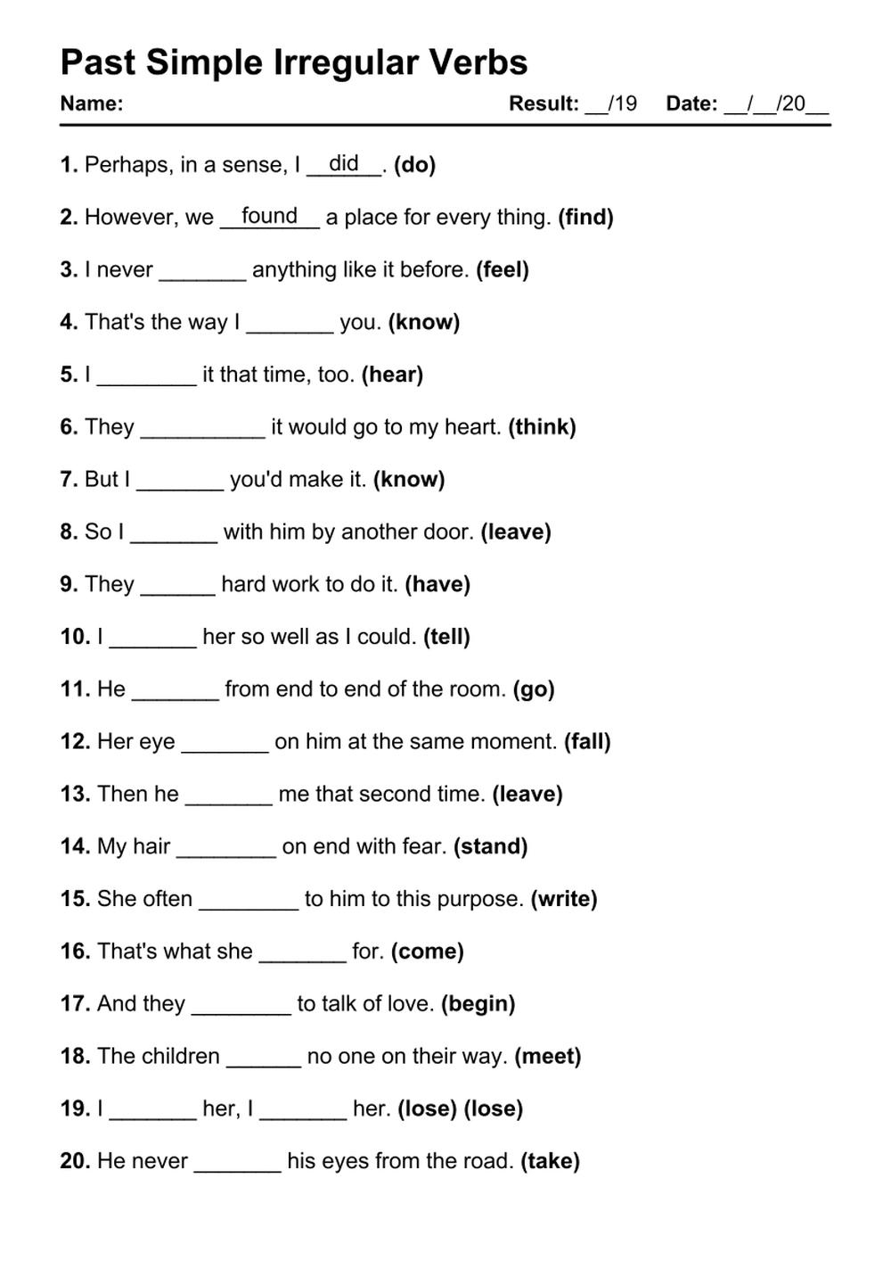 101 Past Simple Irregular PDF Worksheets With Answers Grammarism