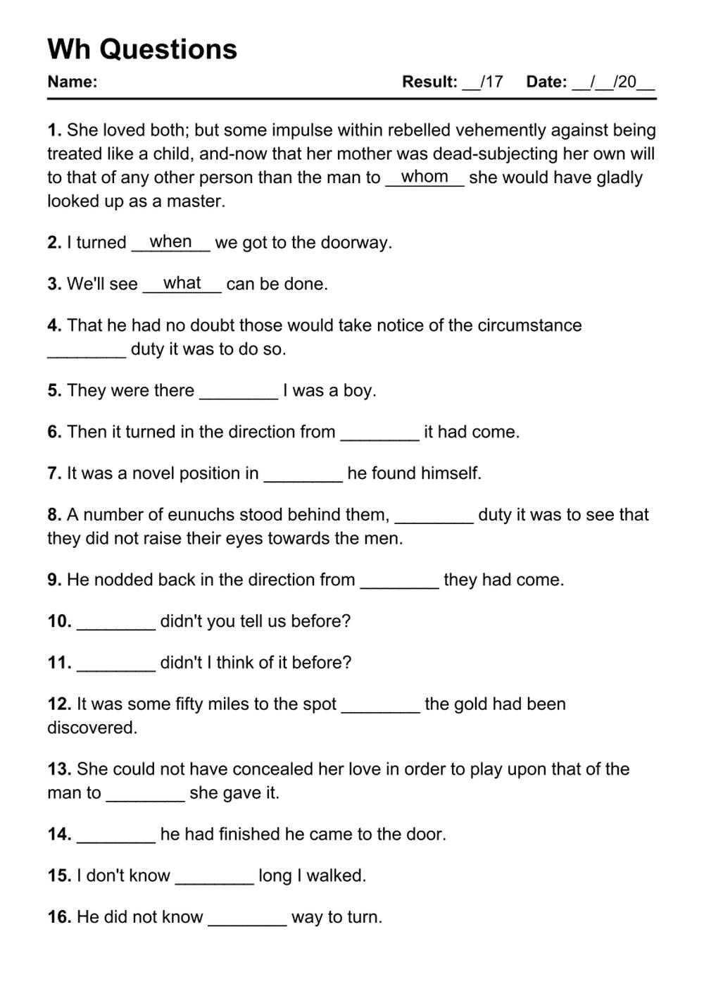 101 Wh Questions PDF Worksheets With Answers 2032 Exercises Grammarism