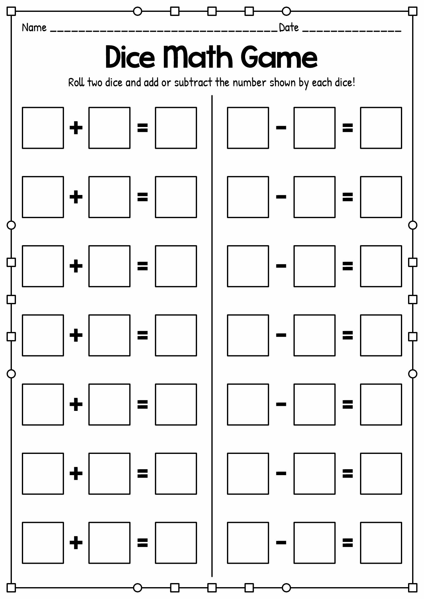 Addition Dice Games PRINTABLE Online