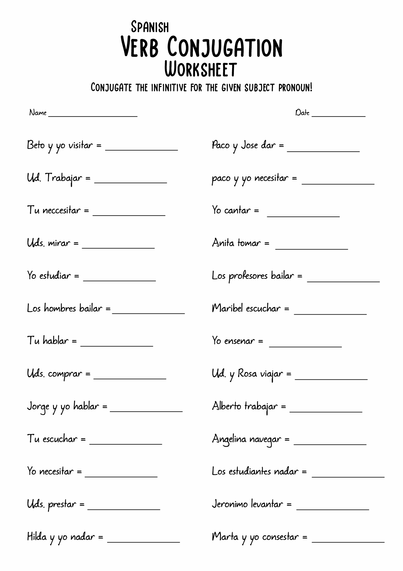 Free Spanish Verb Conjugation Worksheet Download Free Spanish Verb Conjugation Worksheet Png Images Free Worksheets On Clipart Library