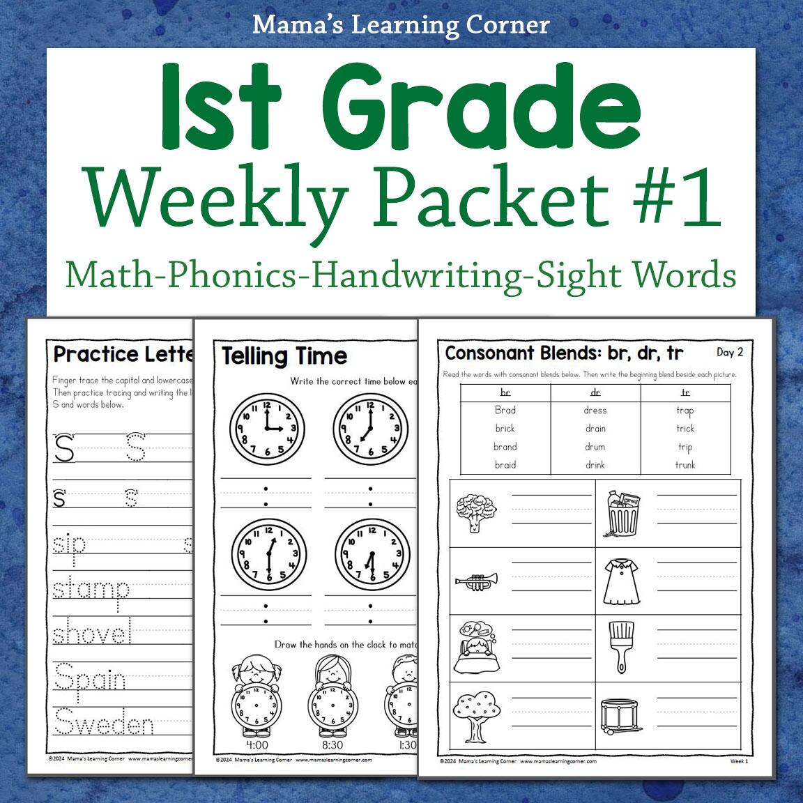 1st Grade Weekly Worksheet Packet 1 Mamas Learning Corner 1st Grade Worksheets Free PDFs And Printer Friendly Pages