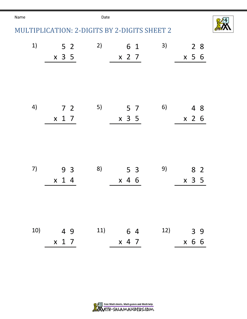 2 Digit Multiplication Worksheet