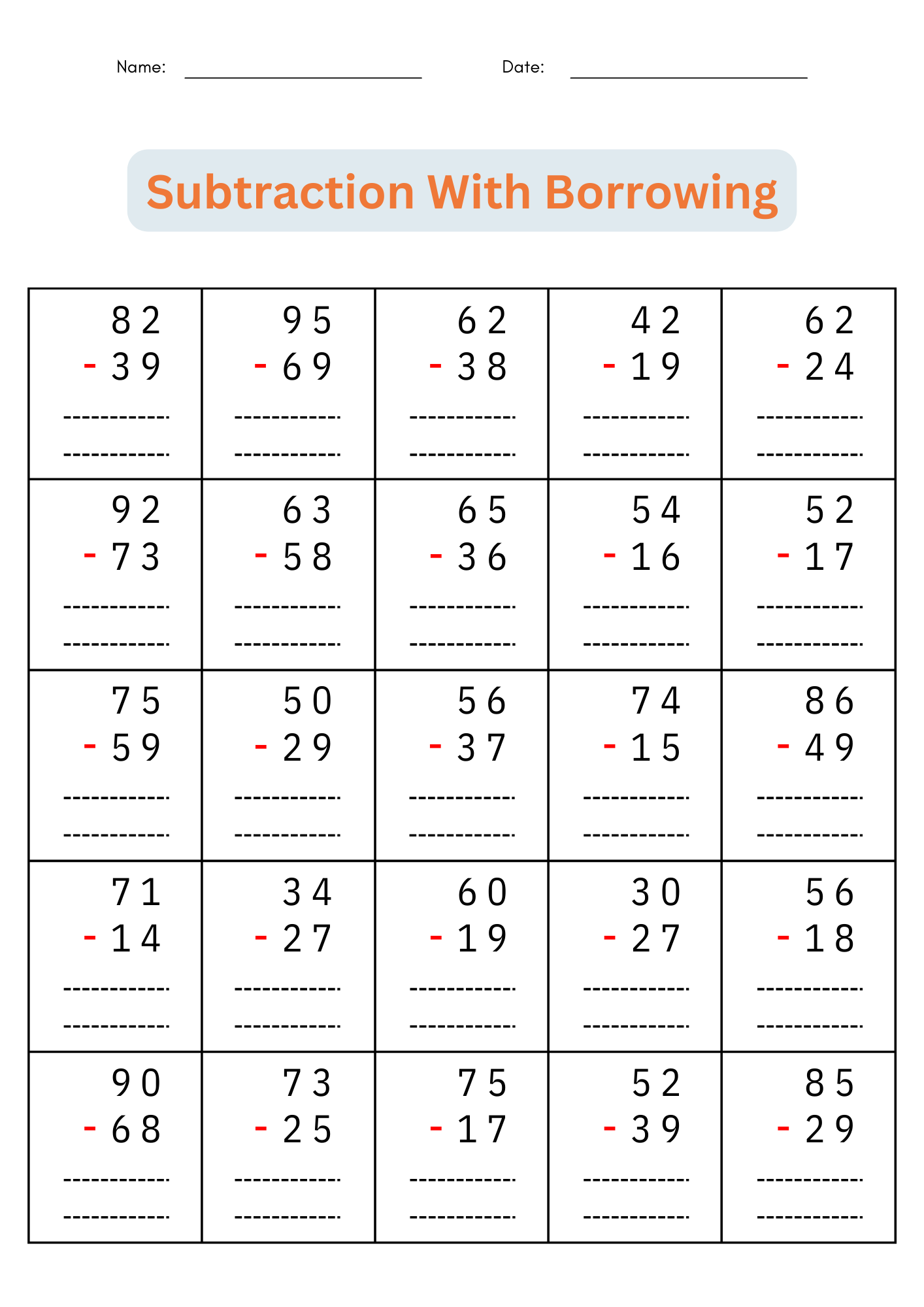 Two Digit Subtraction Worksheets With Regrouping PDF Etsy