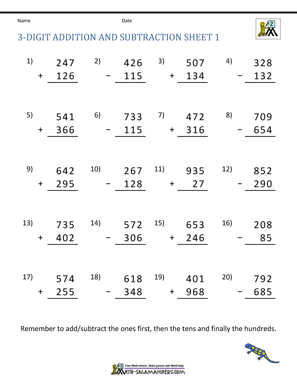 3 Digit Addition And Subtraction Worksheets