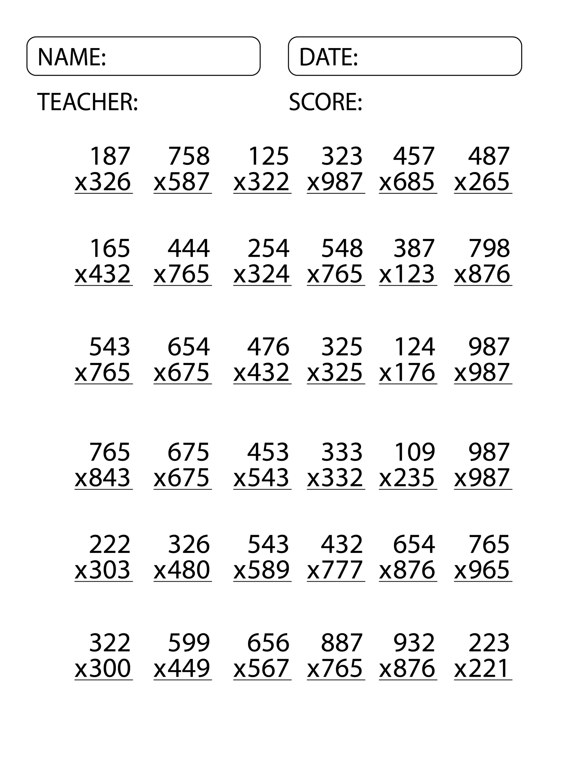 Free 3 Digit By 3 Digit Multiplication Worksheets Teach Prints