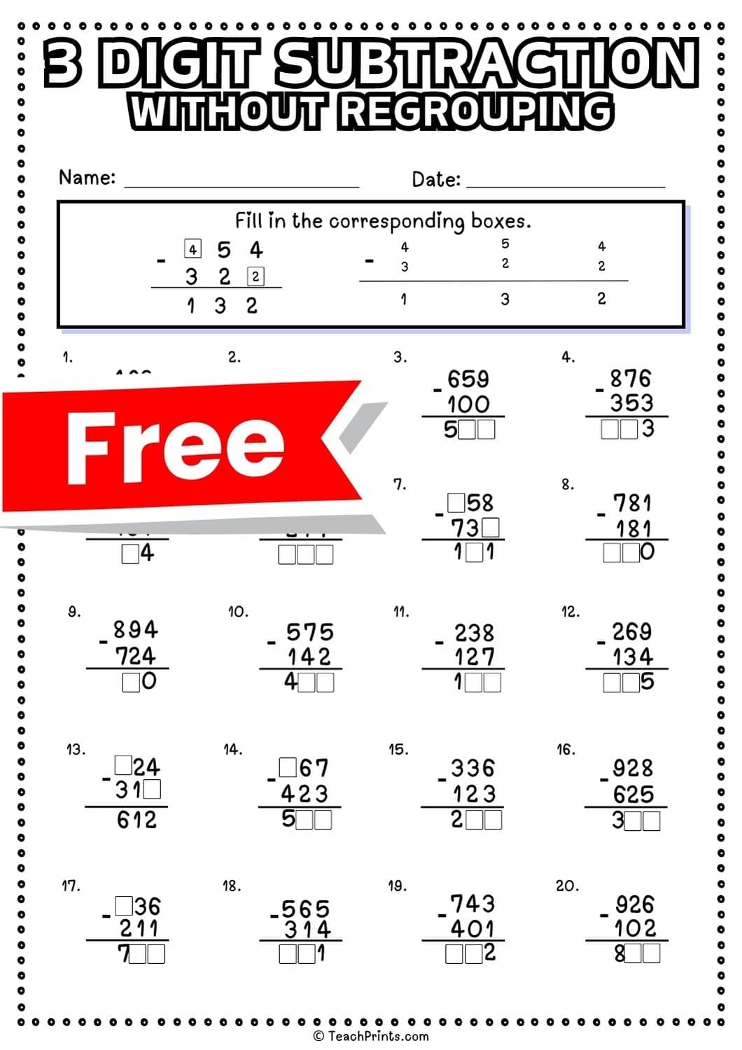 3 Digit Subtraction Without Regrouping Worksheets Teach Prints