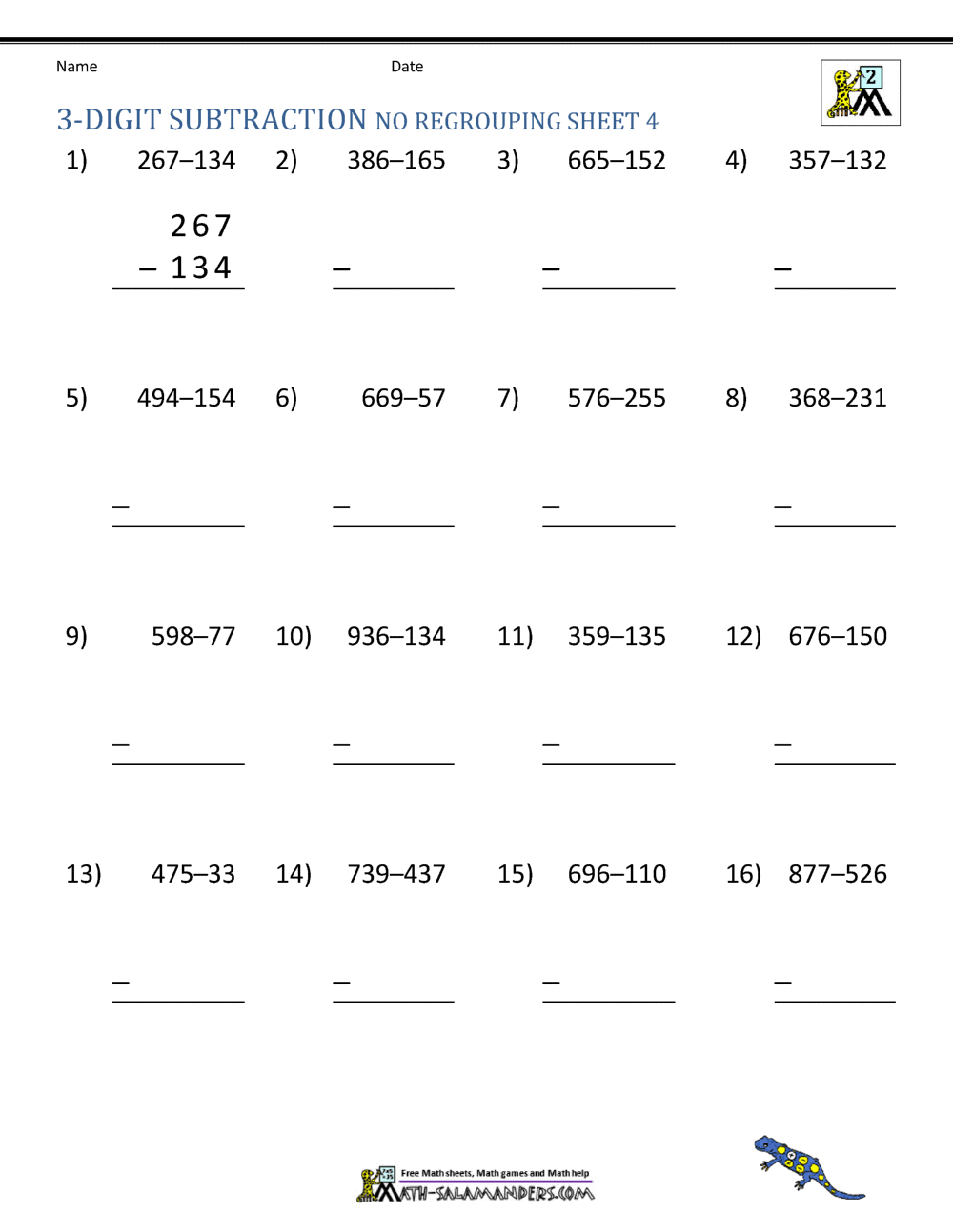 3 Digit Subtraction Worksheets