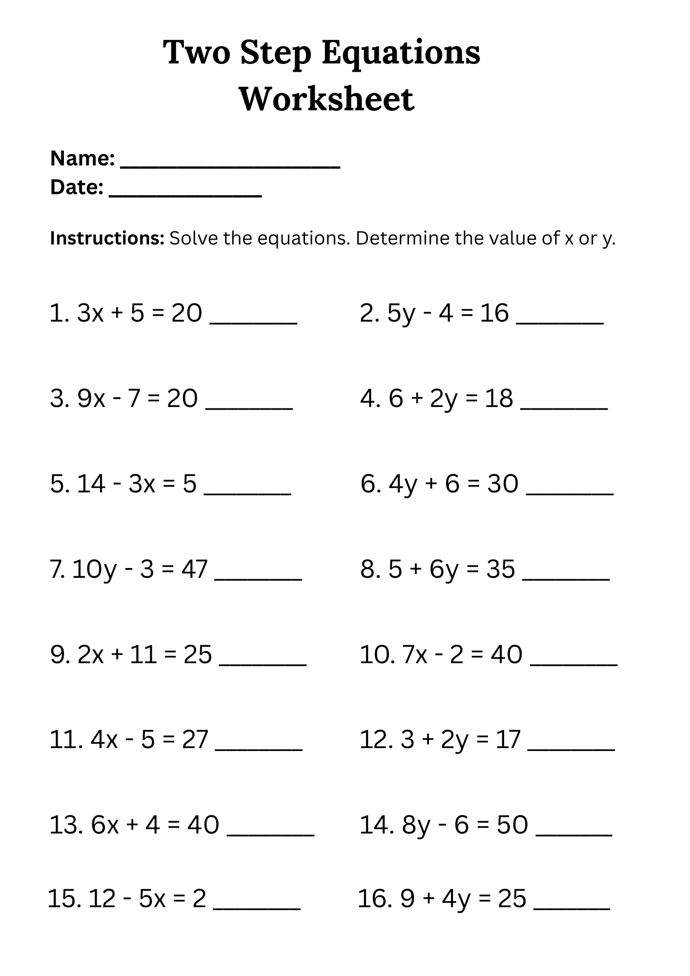 50 Two Step Equations Worksheet Samples To Download In PDF