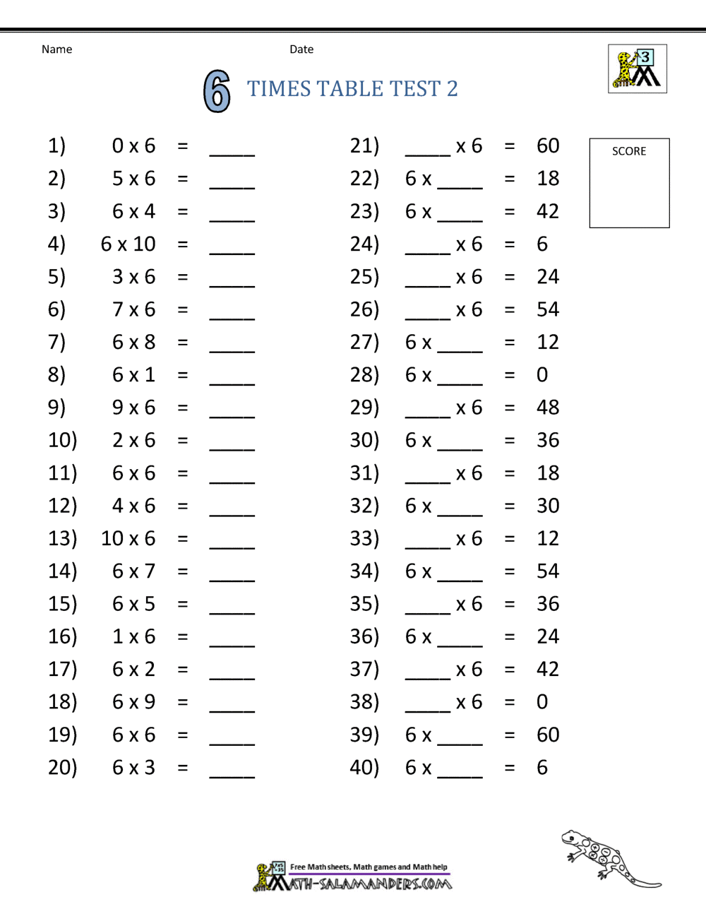 6 Times Tables Worksheets Free Printable Times Tables Test Worksheet