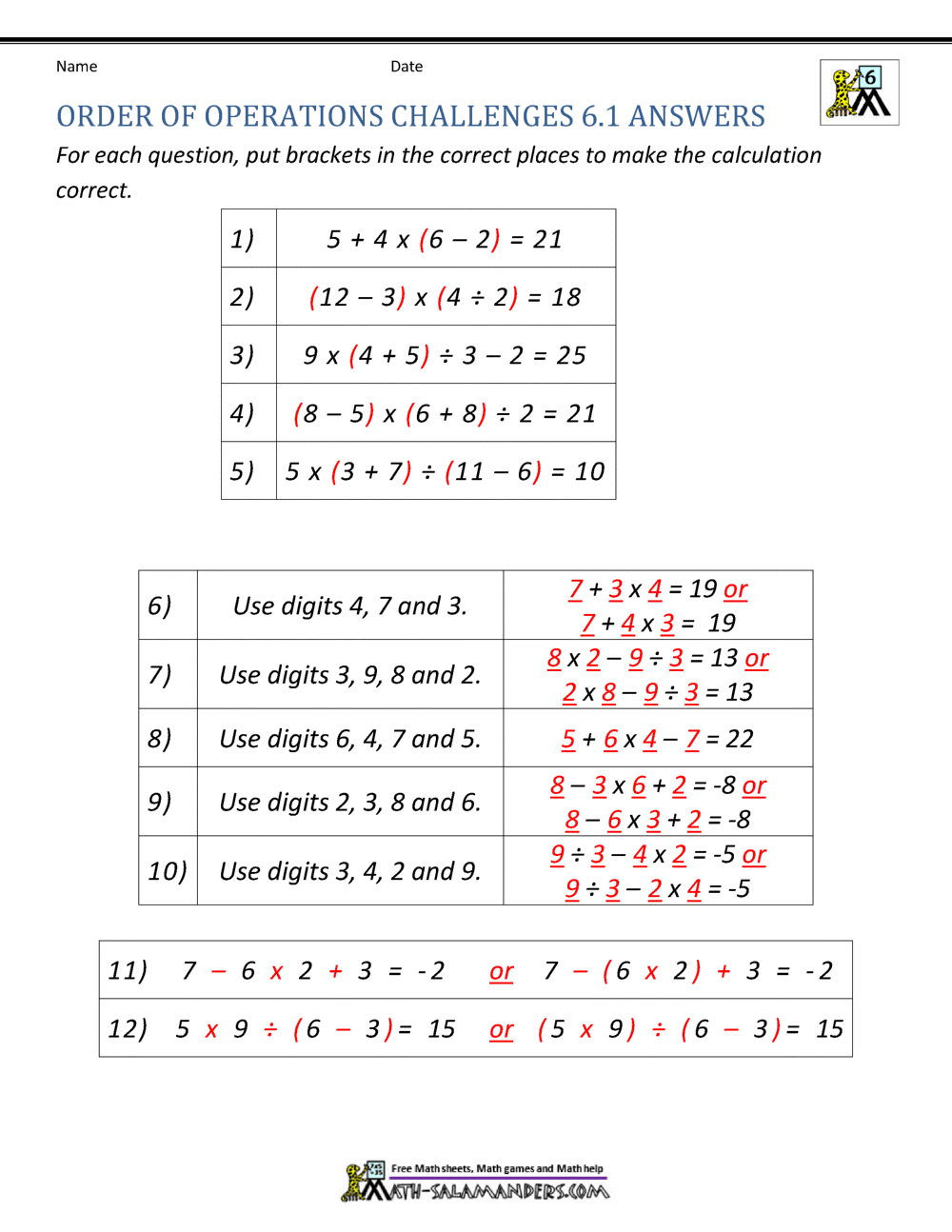6th Grade Order Of Operations Worksheets 6th Grade Order Of Operations Worksheets
