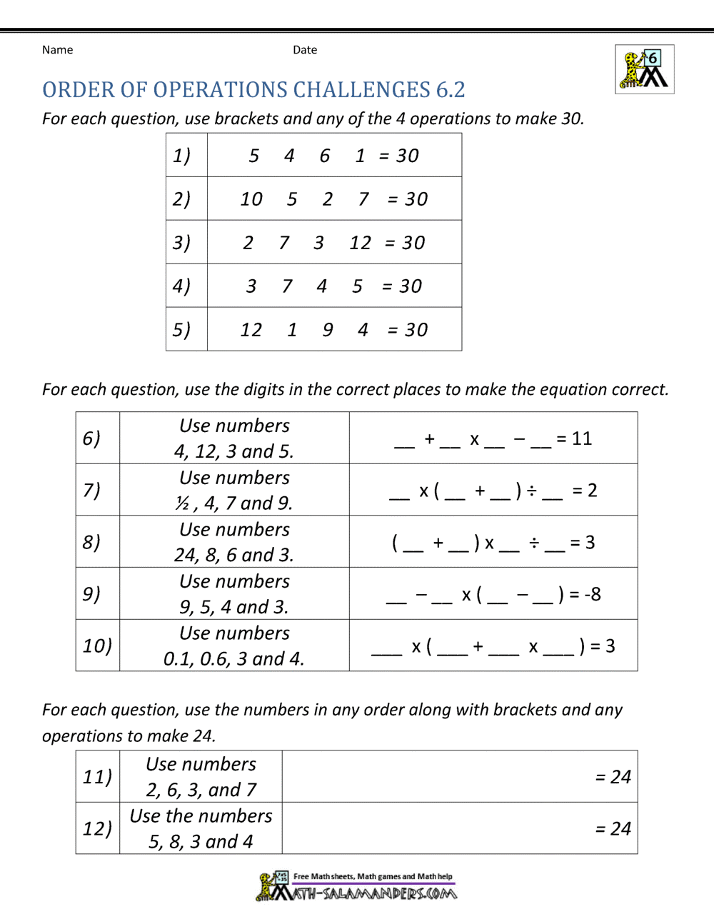 6th Grade Order Of Operations Worksheets Order Of Operations Worksheets Superstar Worksheets