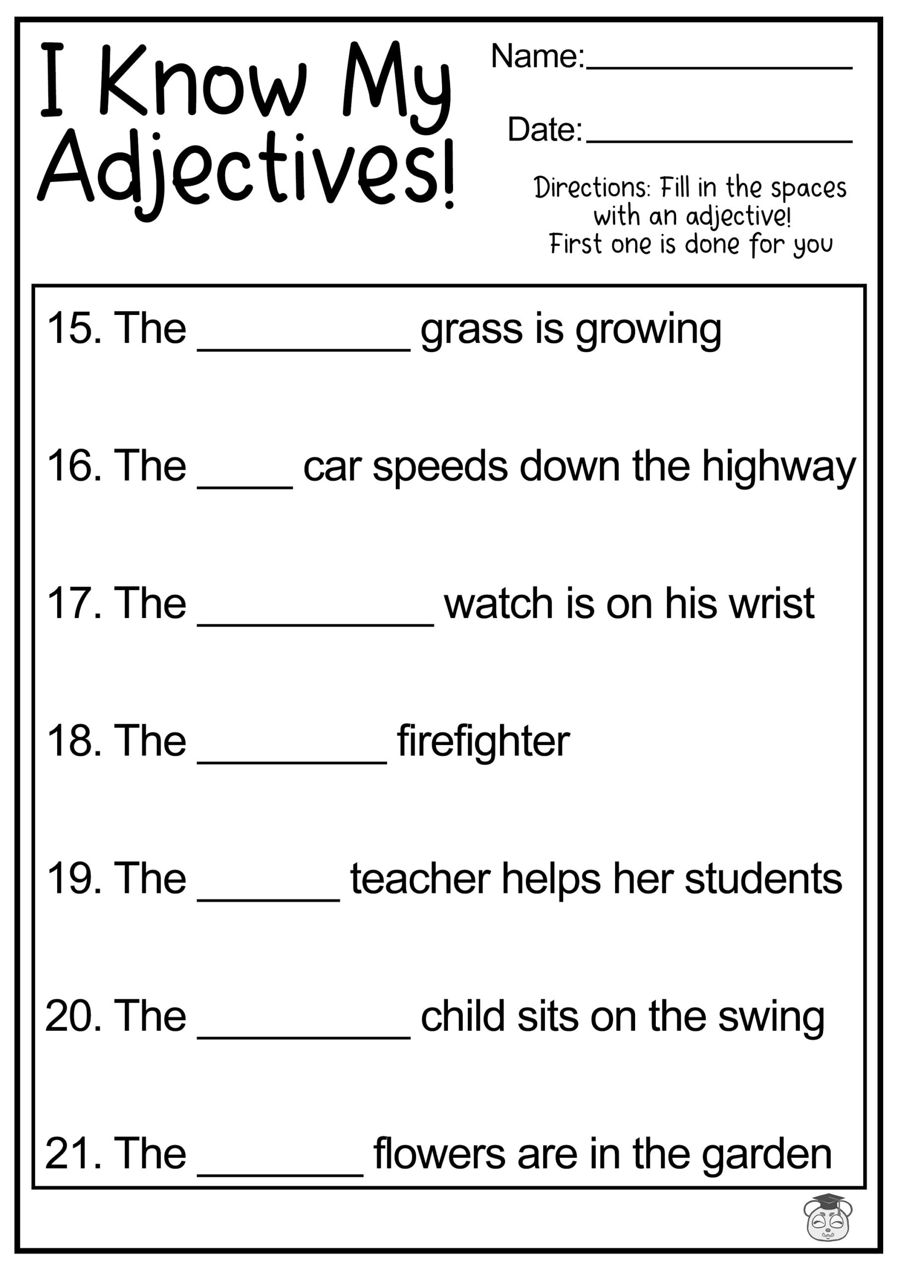 8 Printable Fill In The Adjective English Worksheets Fill In The Blank Using Adjectives Ages 4 7 KG1 To Grade 2 Etsy