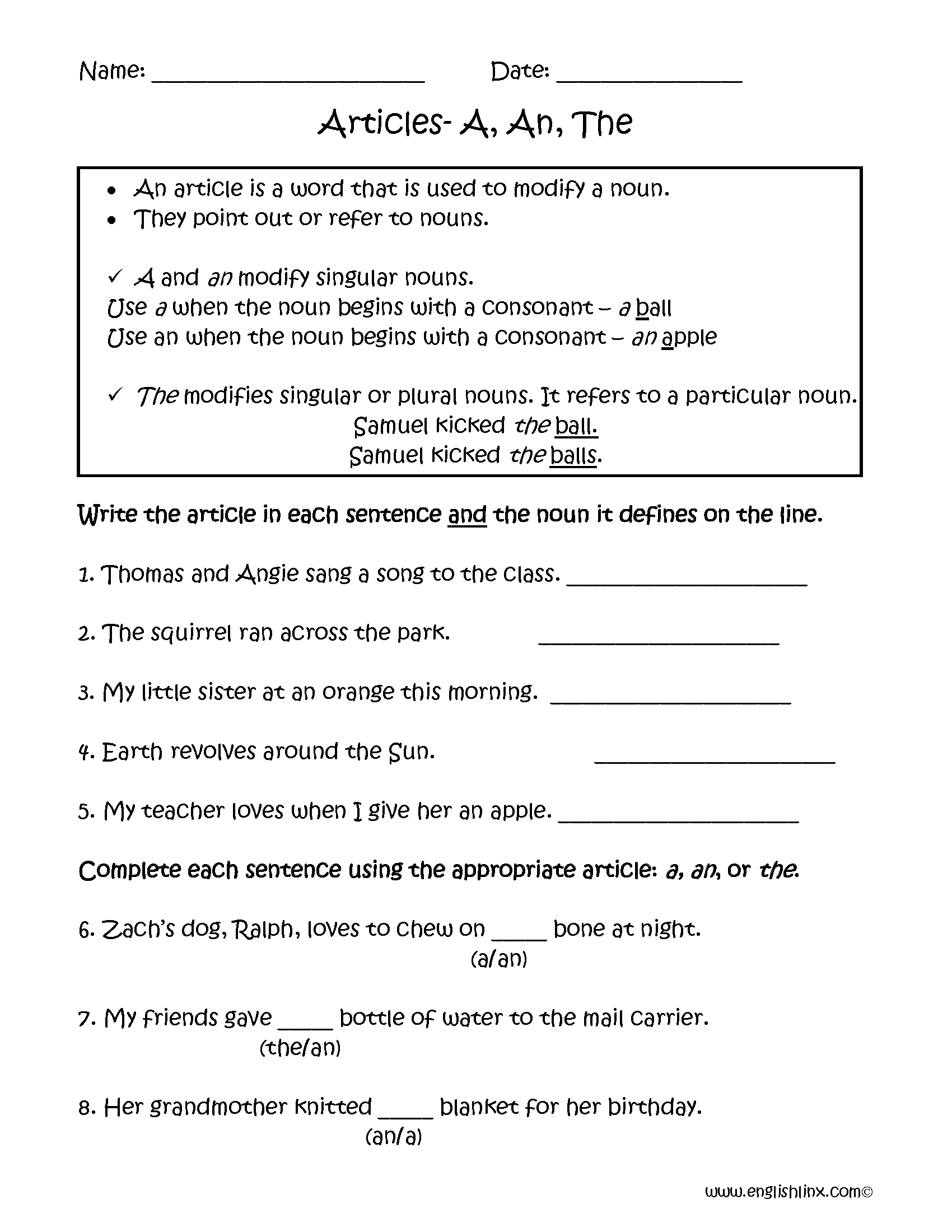 A An And The Articles Worksheets Free Printable Grammar Practice A An And The Articles Worksheets Free Printable Grammar Practice