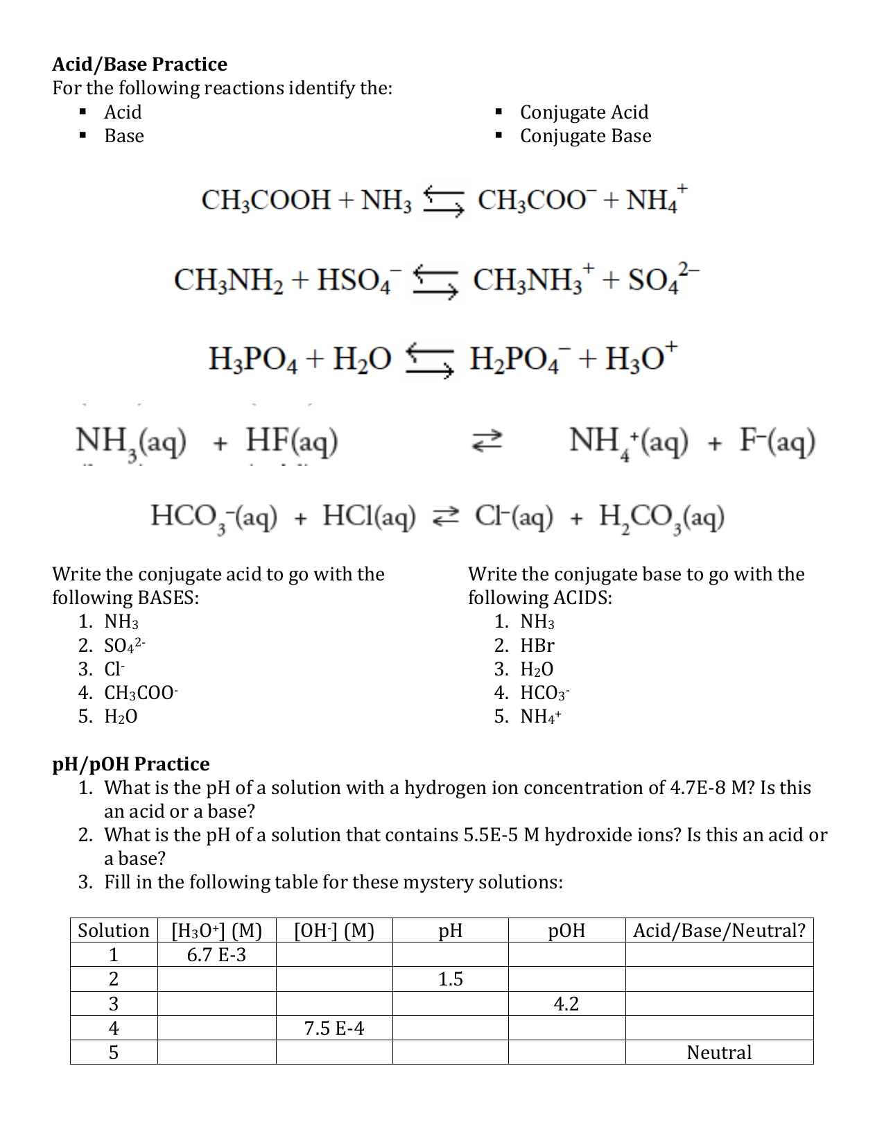 Acid Base Matching Worksheet WordMint