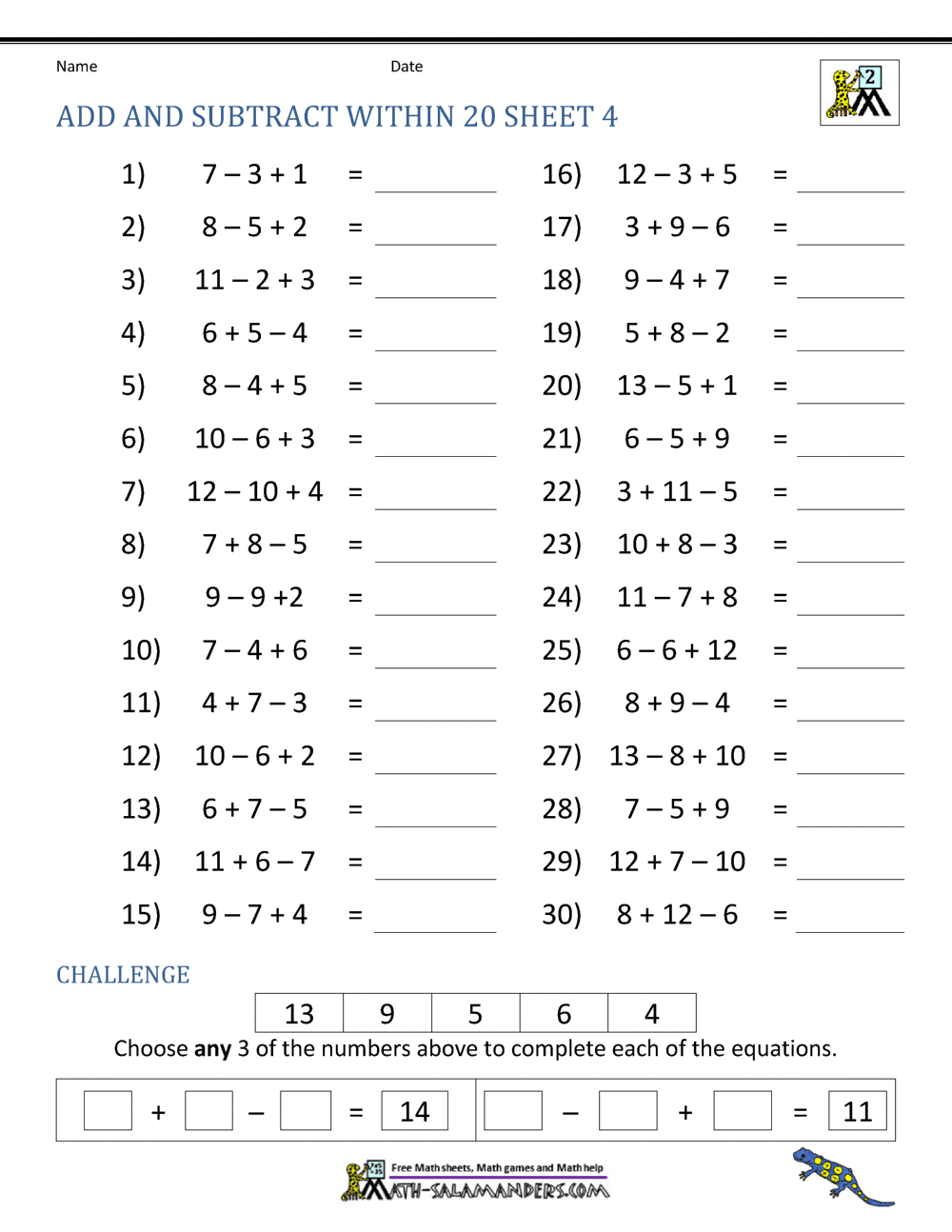 Add And Subtract Within 20 Add And Subtract Within 20