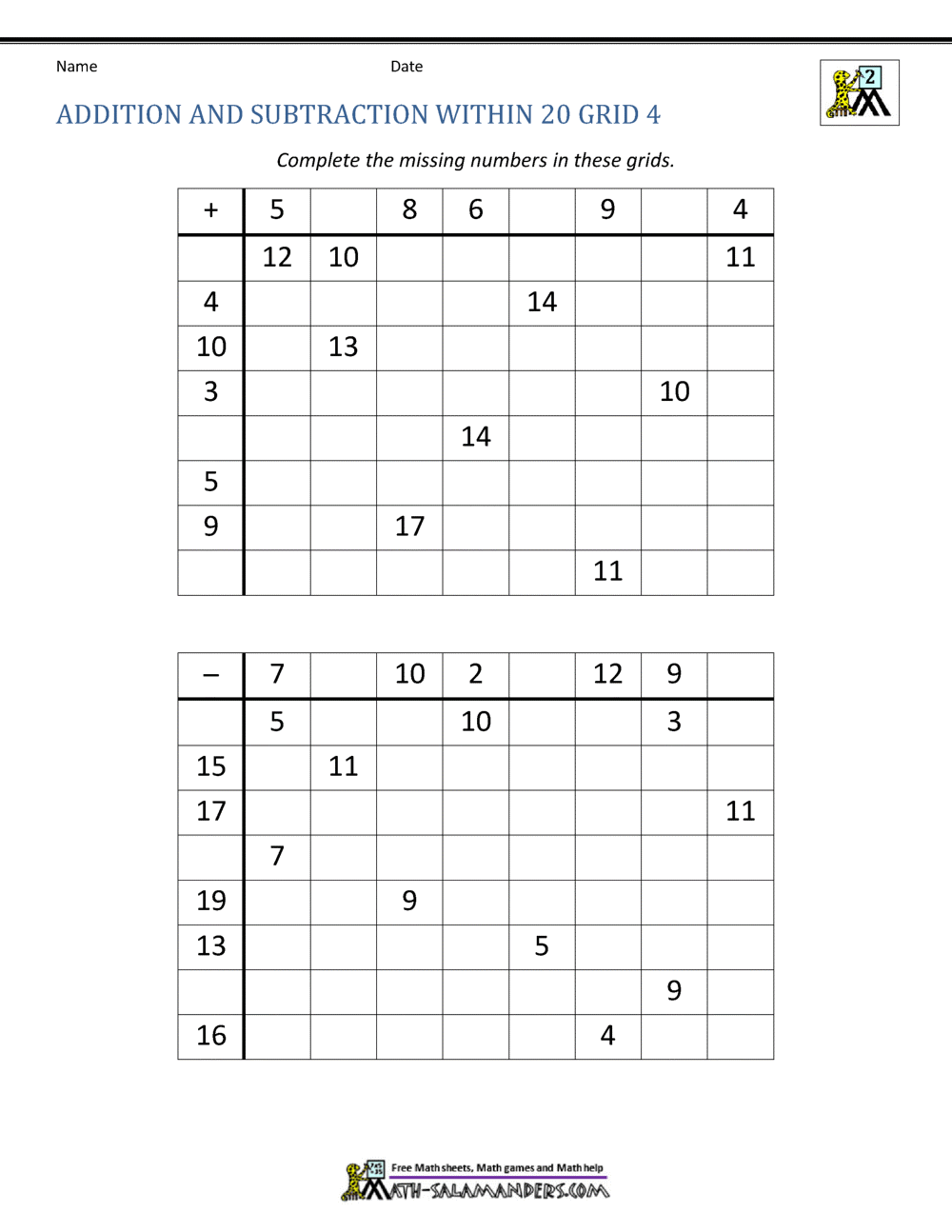 Add And Subtract Within 20 Add And Subtract Within 20