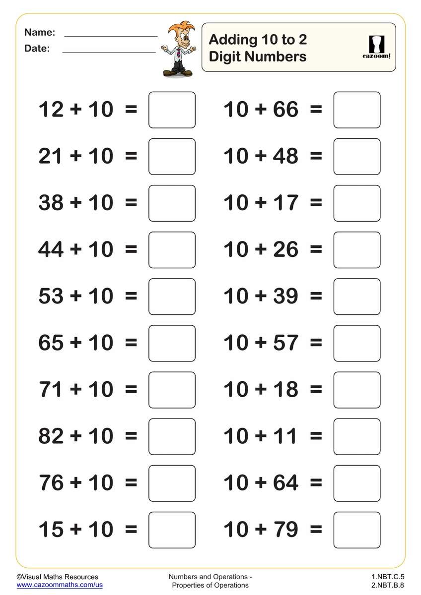 Adding 10 To 2 Digit Numbers 20 Questions PDF Printable Addition Worksheets Cazoom Math