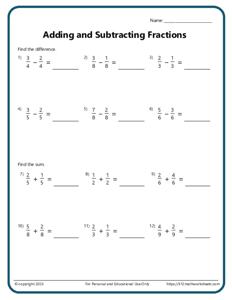 Adding And Subtracting Fractions Worksheets Free Printable Fractions Worksheets Comparing Identifying Free Printables Lettering SVG Files Tools Apps