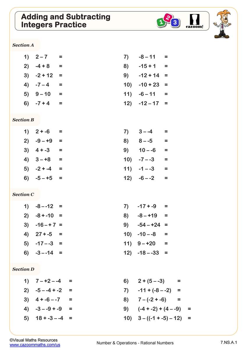 Adding And Subtracting Integers Practice Worksheet 7th Grade PDF Worksheets Cazoom Math 22 Math Integers Ideas Math Integers Integers Negative Numbers