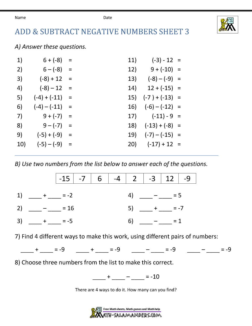 Adding And Subtracting Negative Numbers Subtracting Positive And Negative Numbers