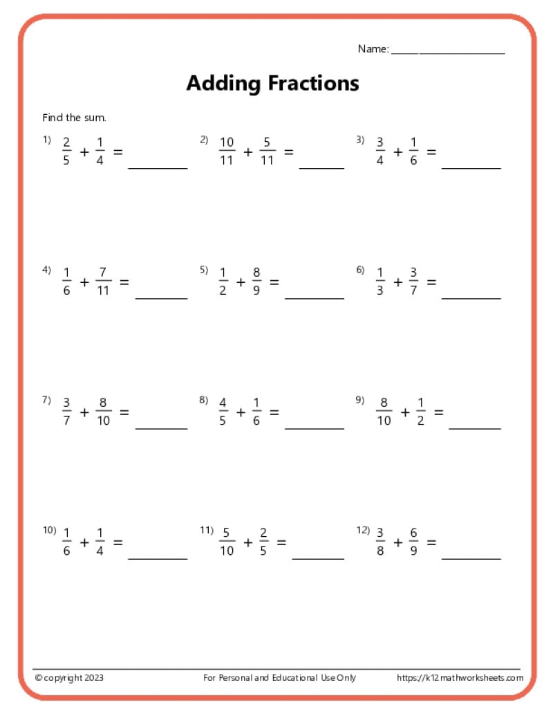 Adding Fractions With Unlike Denominators Worksheets Adding Fractions Worksheets