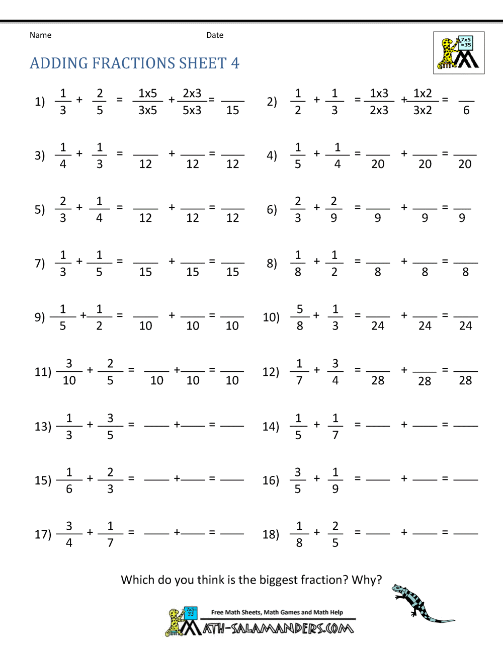 Adding Fractions Worksheets Adding Fractions Worksheets