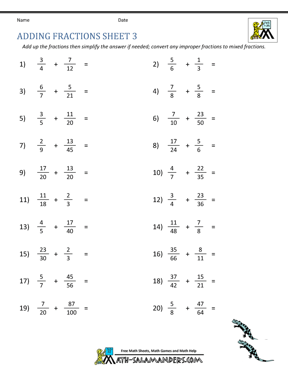 Worksheets For Fraction Addition