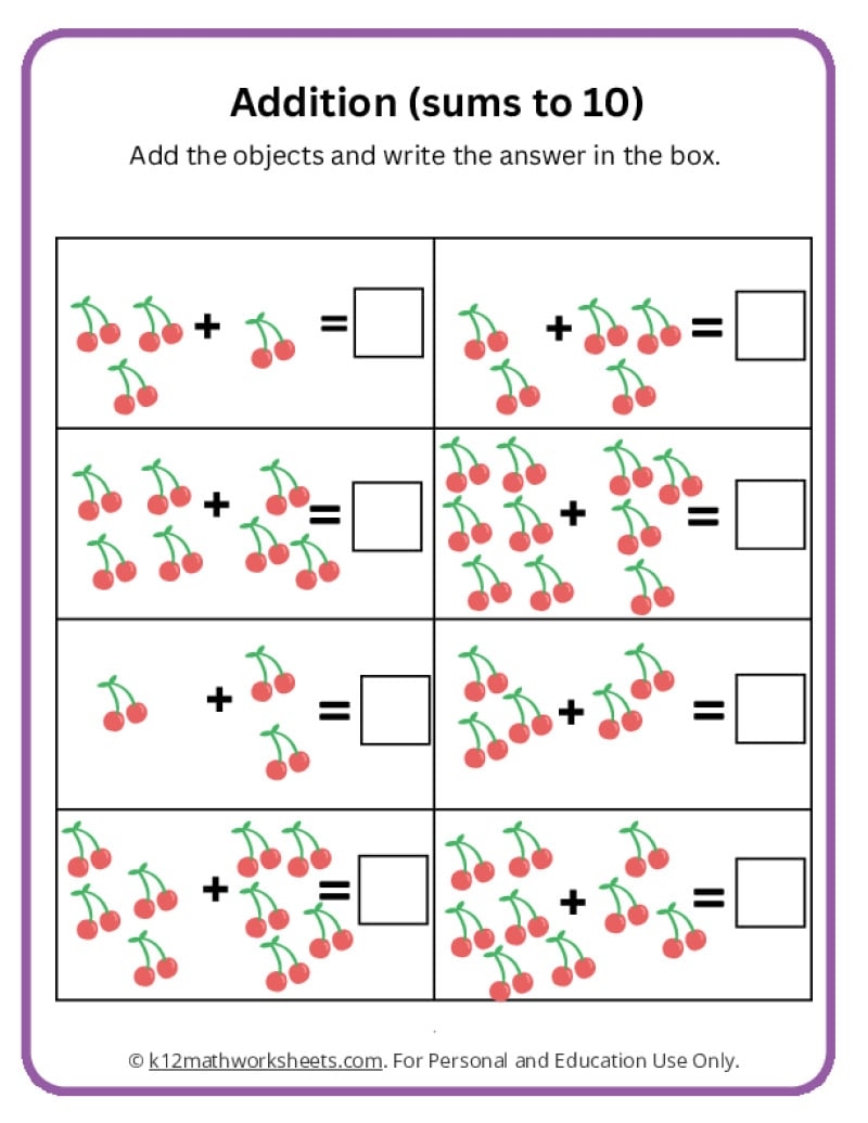 Kindergarten Addition Worksheet Free