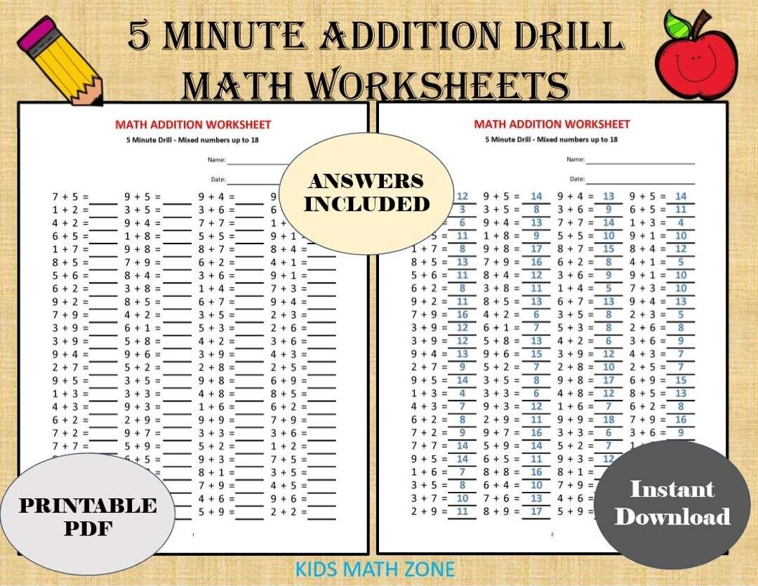 Addition 5 Minute Drill Worksheets With Answers PDF Download Etsy Sweden Addition 5 Minute Drill Math Worksheets For Grades 1 3 PDF Etsy