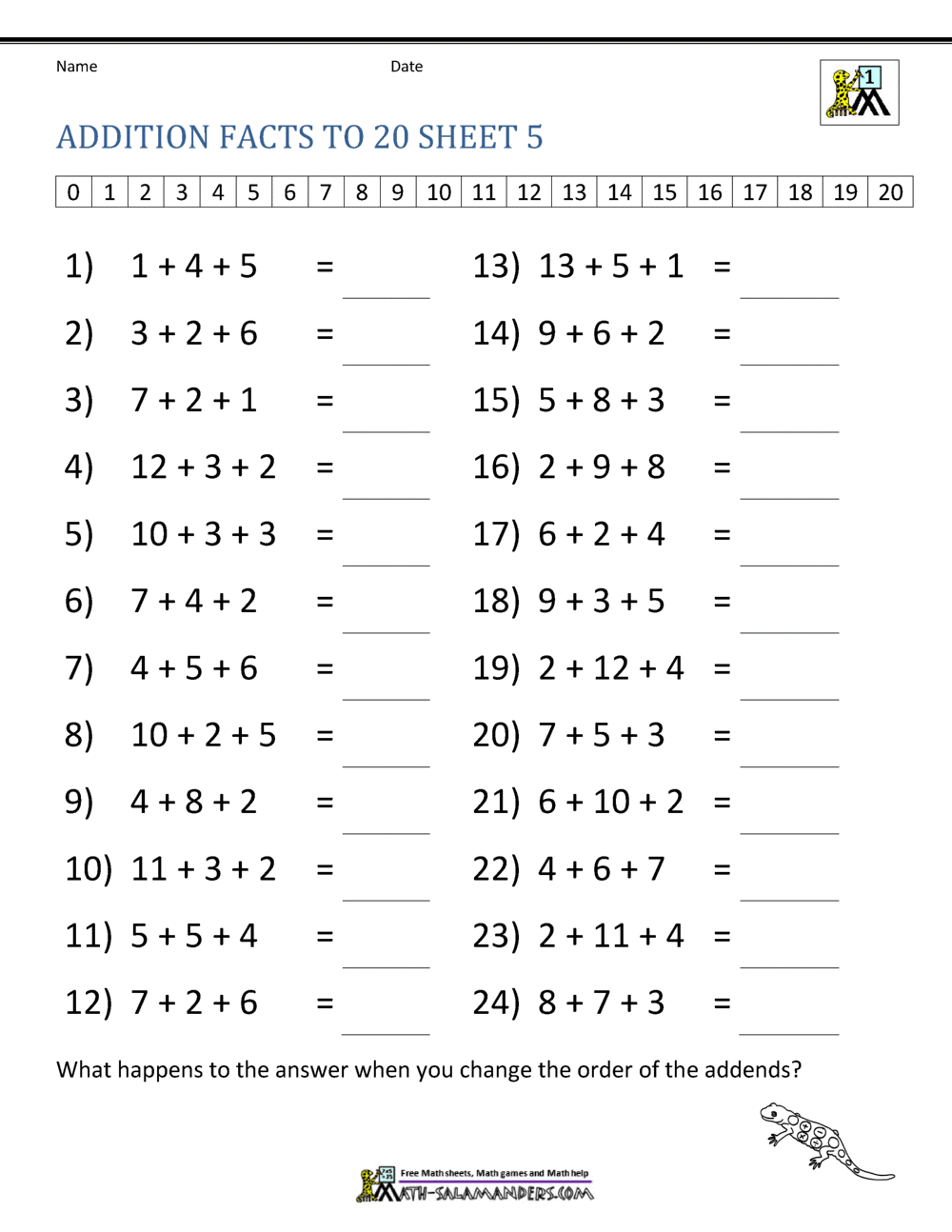 Addition Facts To 20 Worksheets Addition Facts To 20 Worksheets