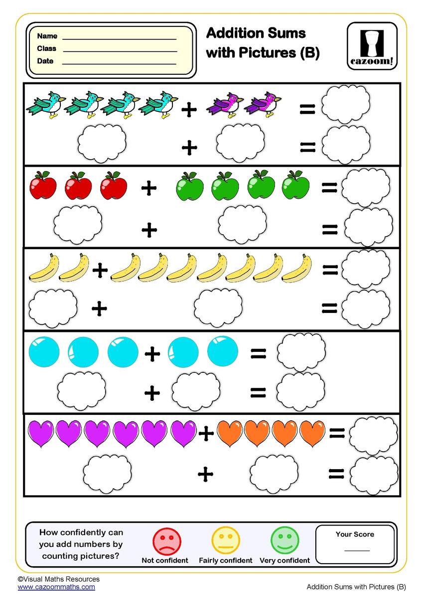Addition Sums With Pictures Worksheet B PDF Printable Addition Worksheets Fruit Picture Addition Worksheet Free Printable Digital PDF