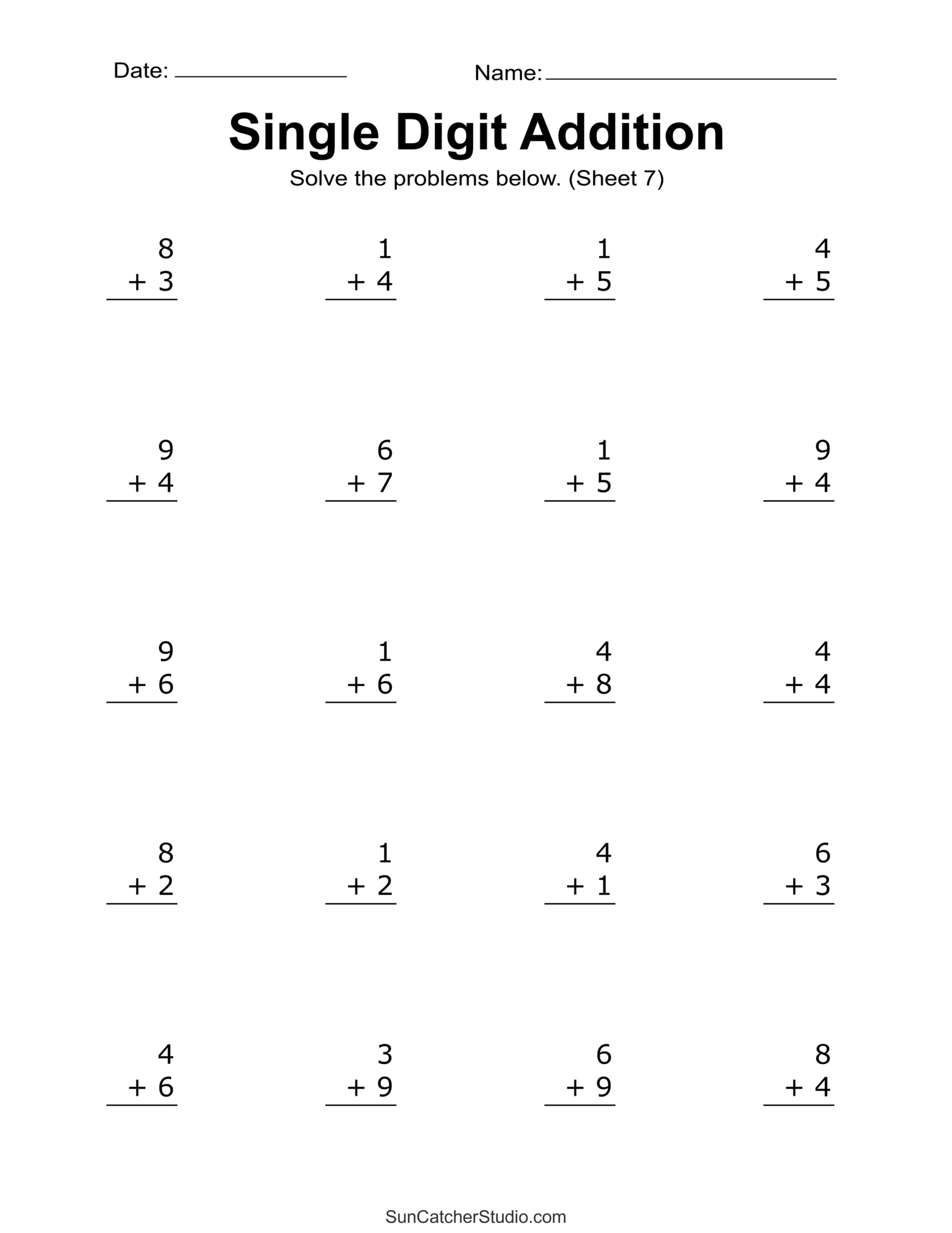 12 Single Digit Addition Worksheets Homeschool Kindergarten First Grade Maths Drills PDF Etsy