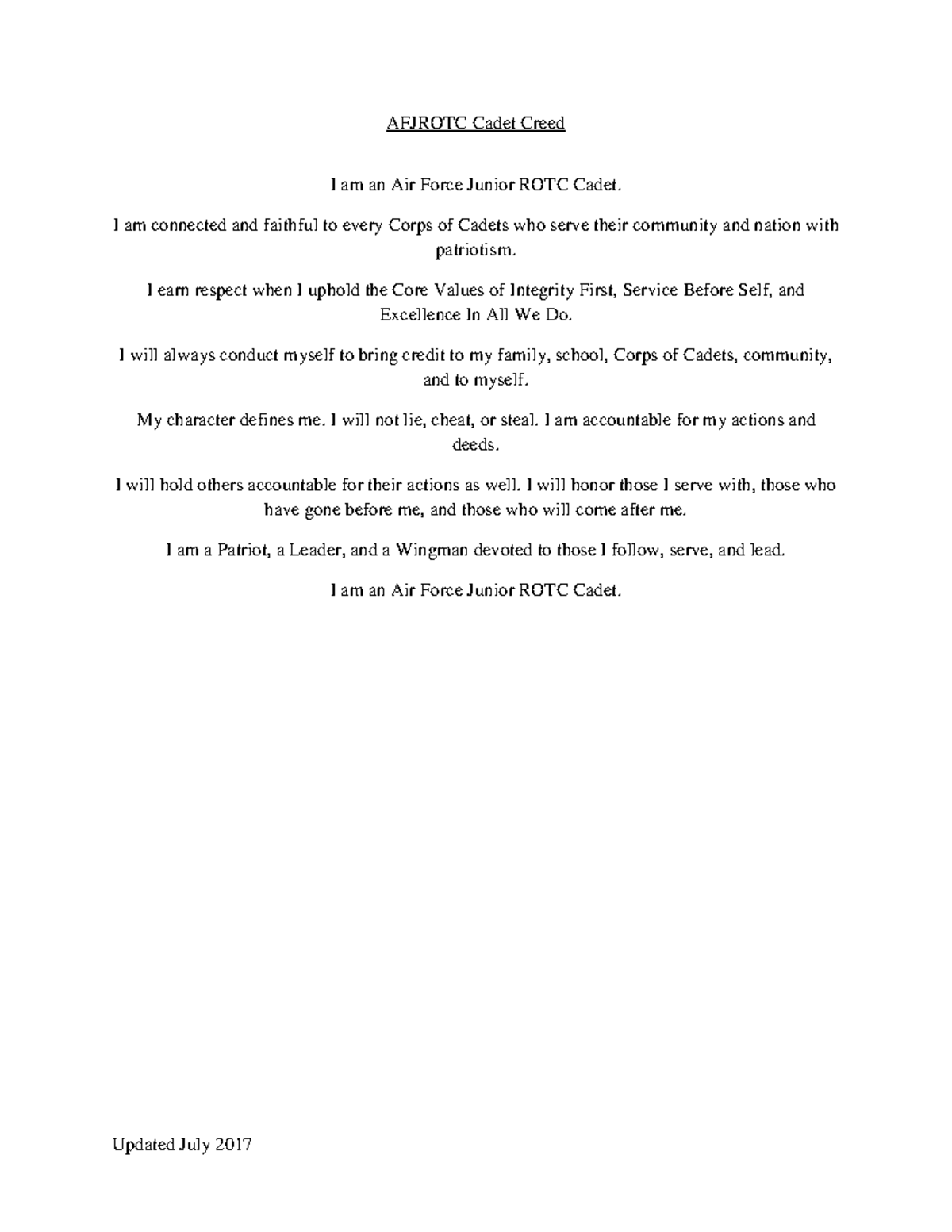 AFJROTC Cadet Creed Core Values And Responsibilities Studocu AFJROTC Cadet Creed Core Values And Responsibilities Studocu