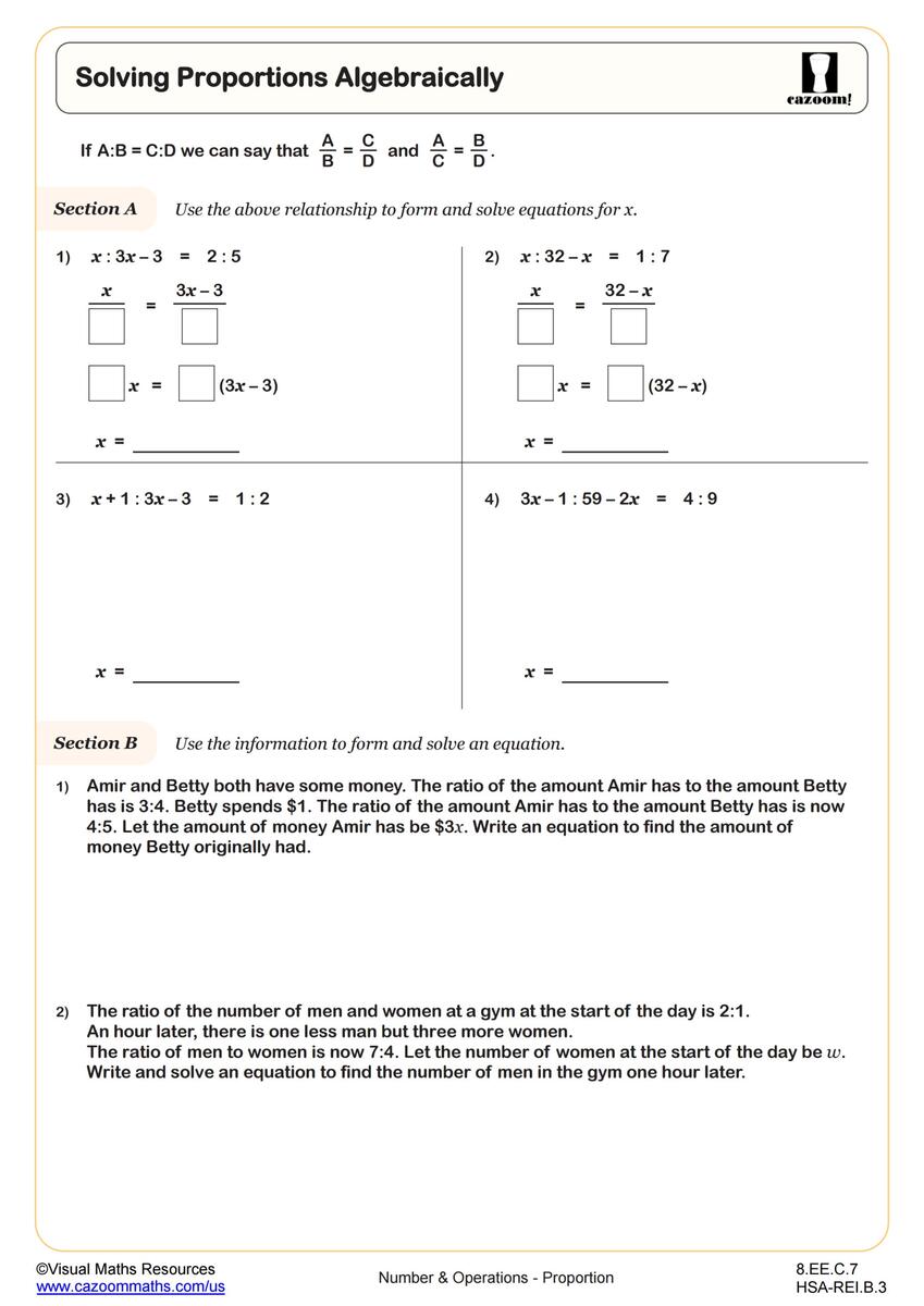Algebra I Proportion Worksheets PDF Printable Cazoom Math
