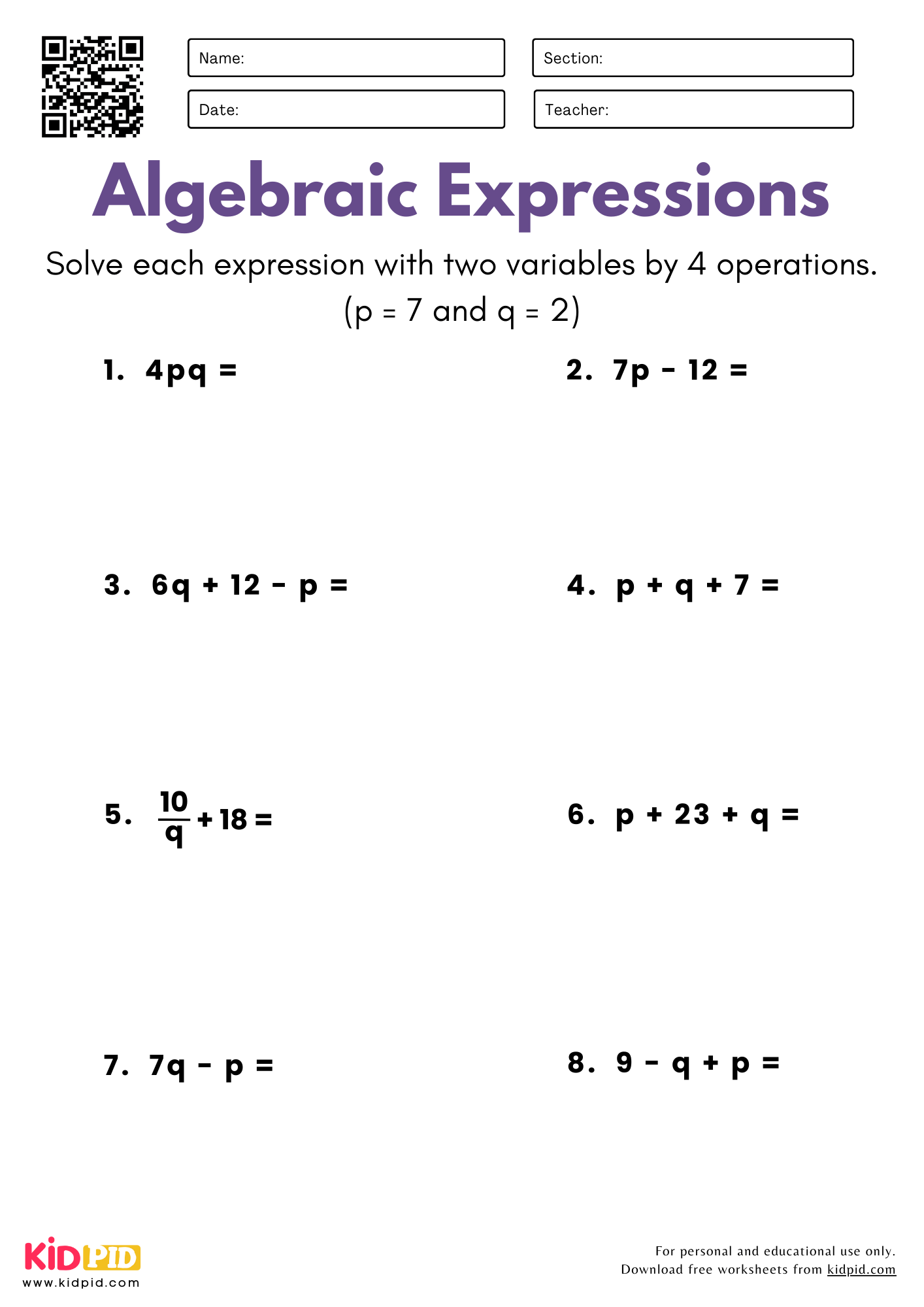 Algebraic Expressions With Two Variables 4 Operations Worksheet For Grade 5 Kidpid Algebraic Expressions With Two Variables 4 Operations Worksheet For Grade 5 Kidpid