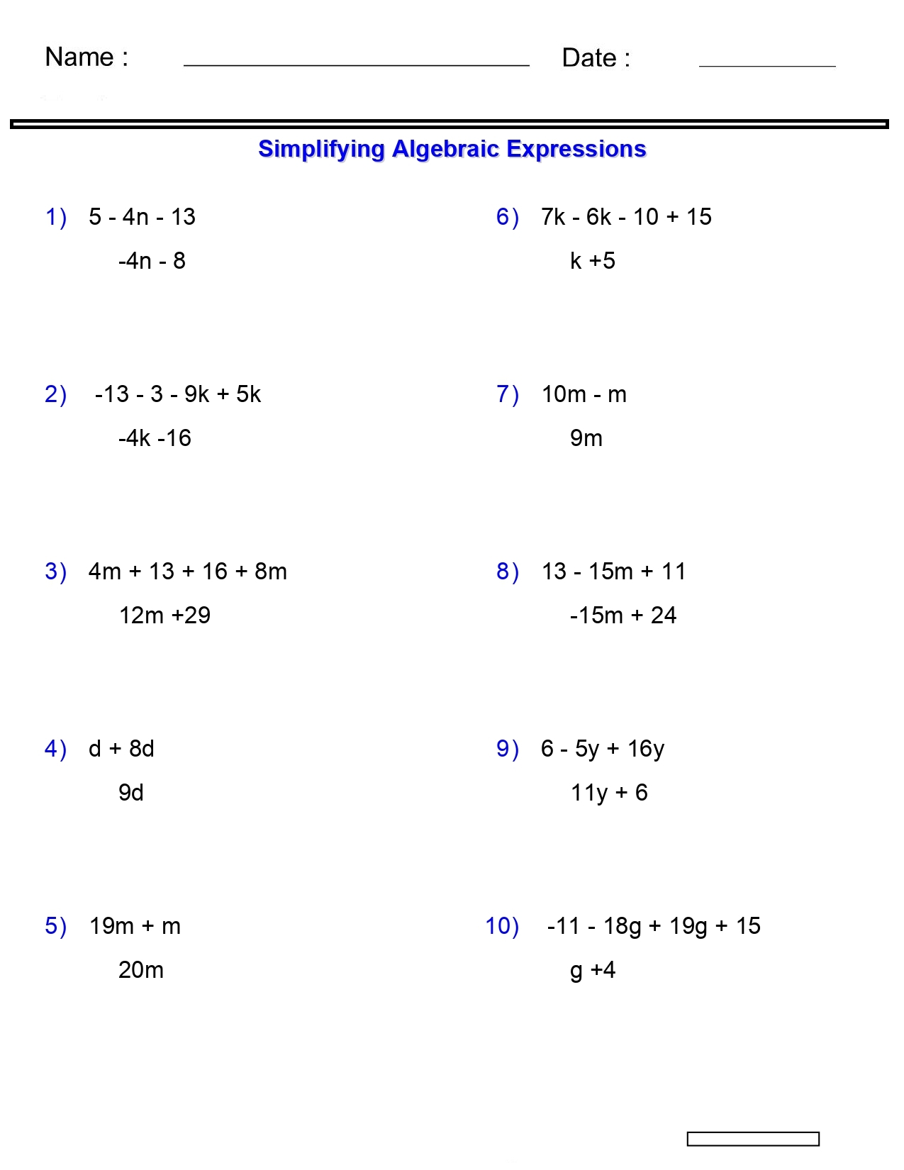 Algebraic Expressions Worksheets Simplifying Variables Worksheets 2 3 4Terms Made By Teachers Simplifying Variables Worksheets Addition And Subtraction 2 Terms Algebraic Made By Teachers