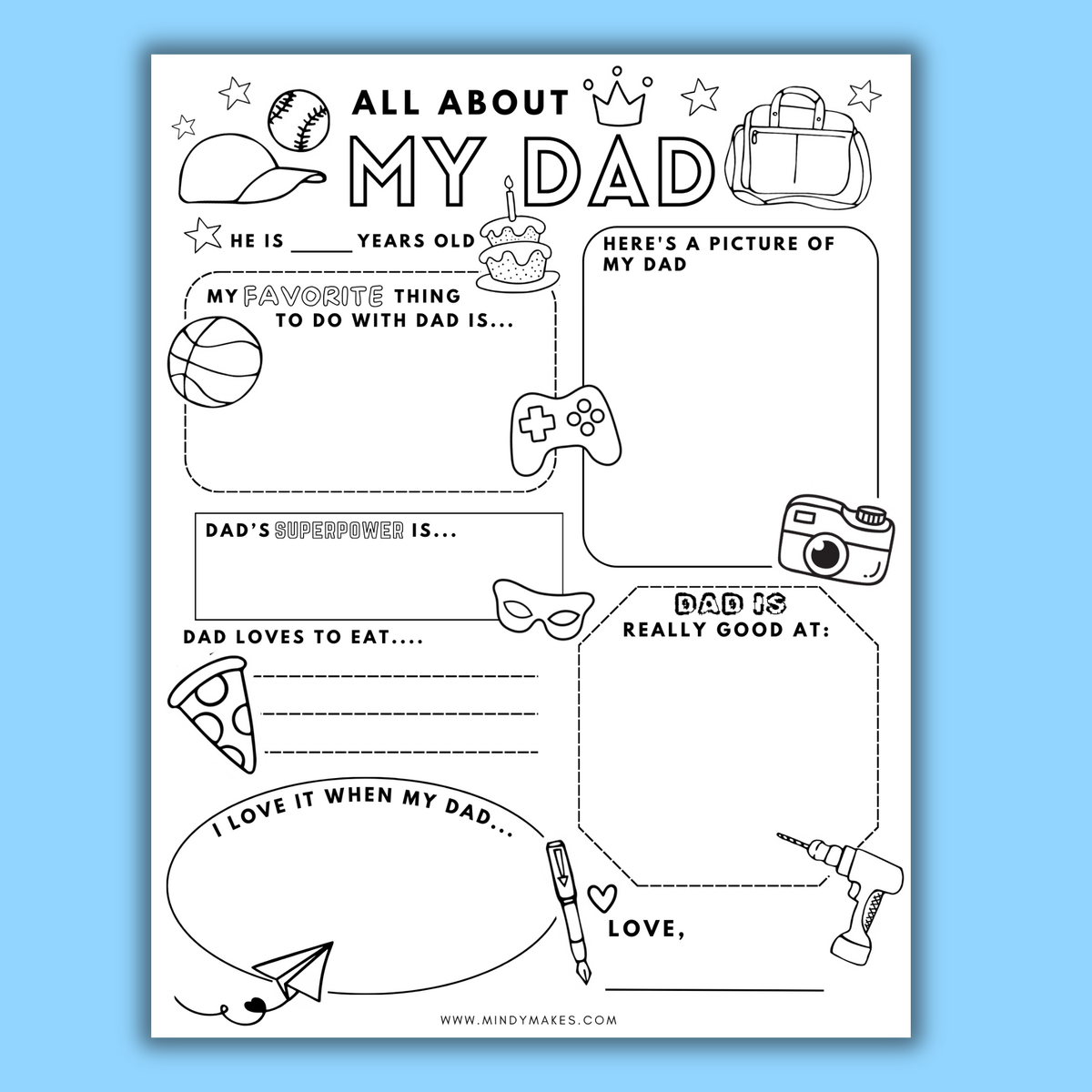 All About Dad Free Printable PDF MindyMakes Printable Father S Day All About My Dad Worksheet All About Daddy Worksheet Made By Teachers
