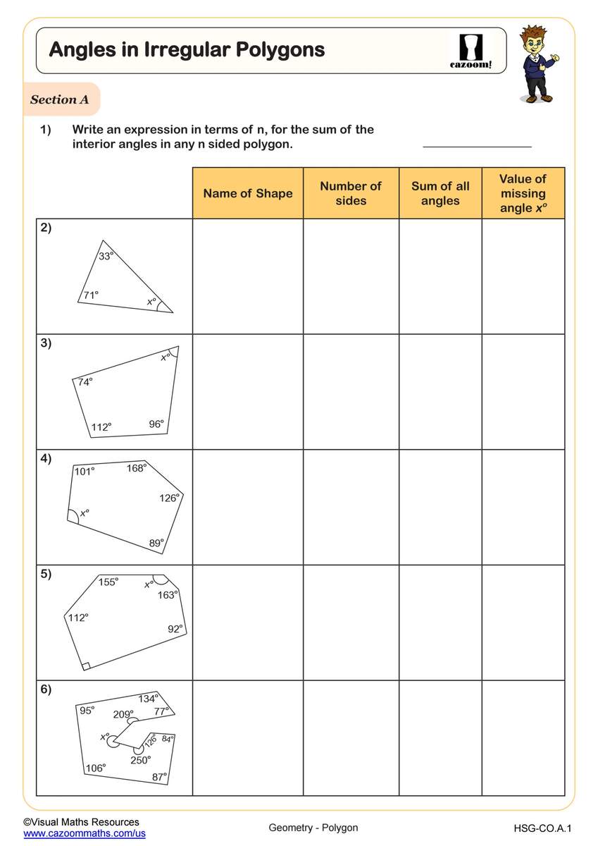 Angles In Irregular Polygons Worksheet PDF Printable Geometry Worksheet Cazoom Math