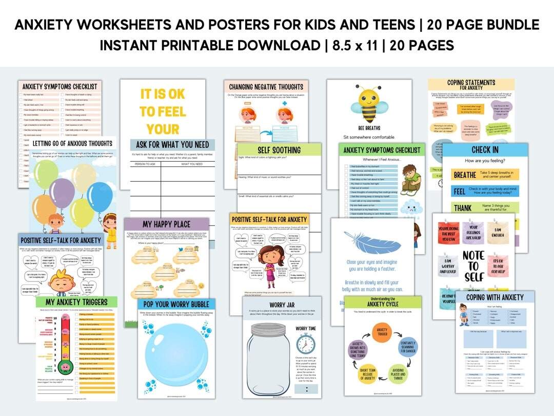 Anxiety Worksheets Printable Bundle For Kids And Teens Therapy Counseling Social Anxiety Emotional Learning Mental Health Relief Etsy