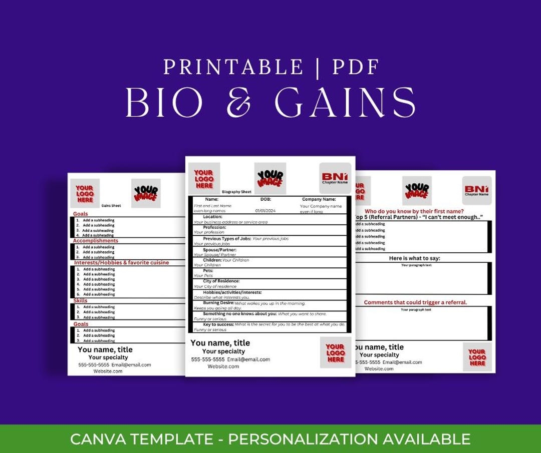 BNI Bio And GAINS Sheets Enhance Your BNI Member Profile Canva Template Etsy
