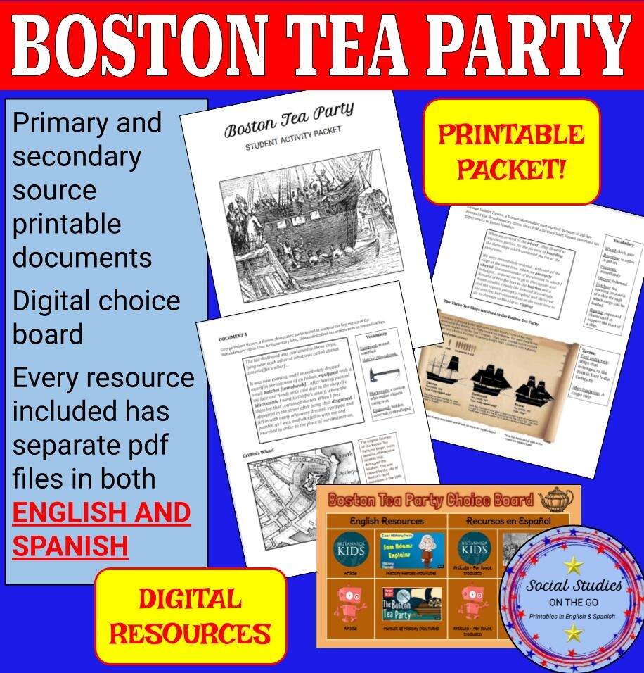 Boston Tea Party Activity Packet Printable Worksheets English And Spanish Classful