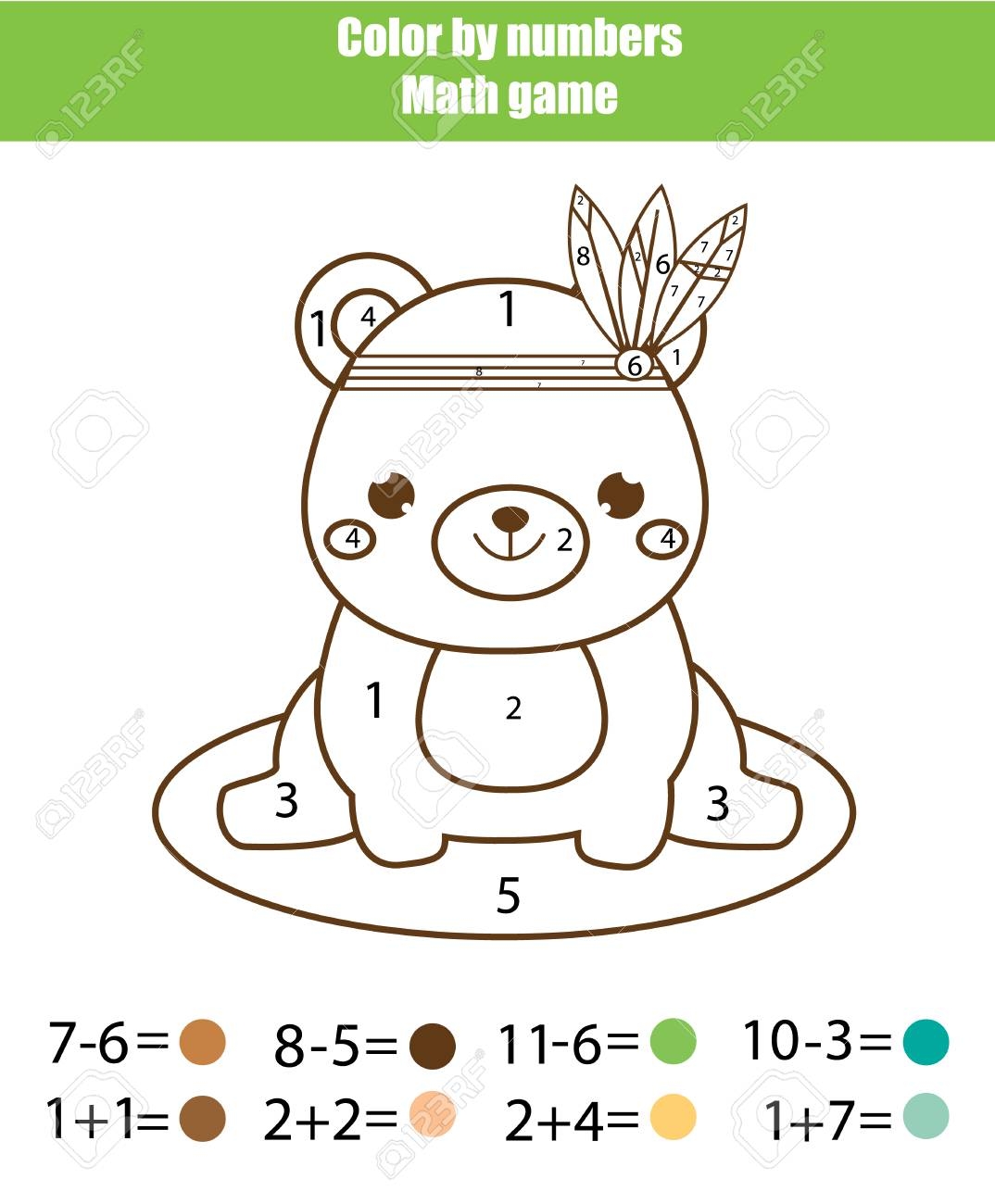 Children Educational Game Mathematics Actvity Color By Numbers Printable Worksheet Coloring Page With Cute Bear Learning Addition And Subtraction Counting Game Royalty Free SVG Cliparts Vectors And Stock Illustration Image 98025527