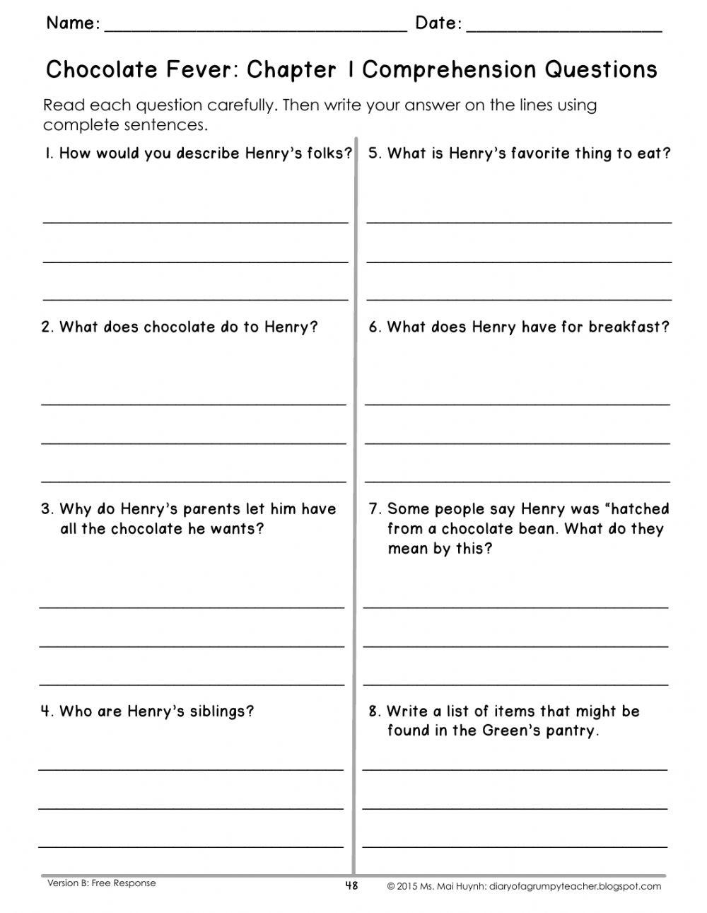 Chocolate Fever Printable Novel Study The Teaching Bank