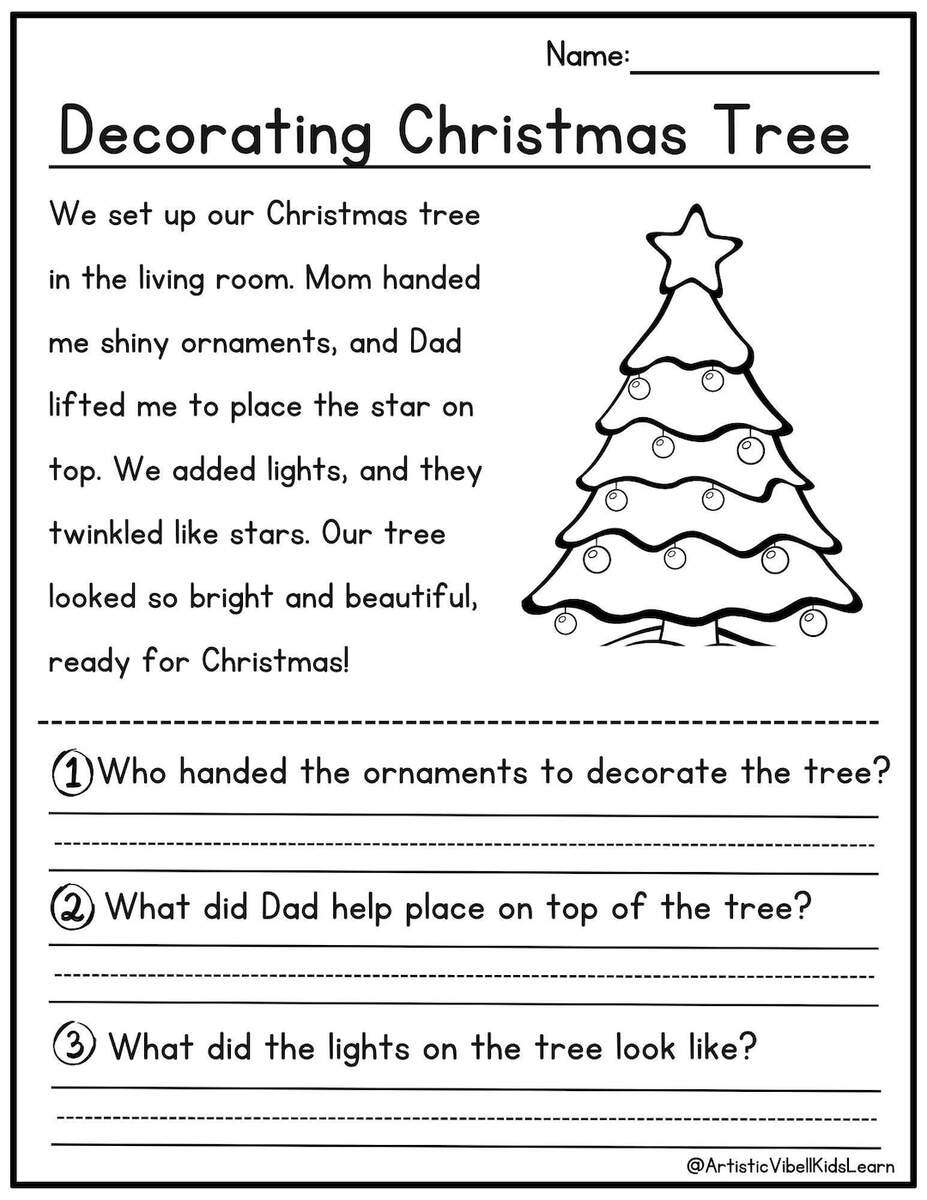 Christmas Reading Comprehension Printable Kindergarten First Grade Worksheets Instant Download Fluency Worksheet English Learing Etsy