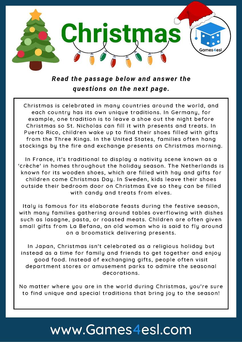 Christmas Reading Comprehension Worksheet Games4esl Reading Comprehension Christmas Story Emma S Christmas Adventure
